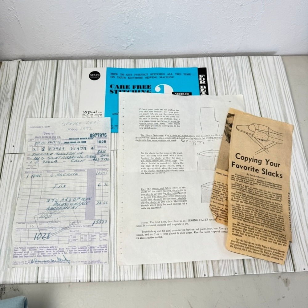 Vintage 1972 Sears Kenmore Sewing Machine Receipt & Instructional Ephemera Lot